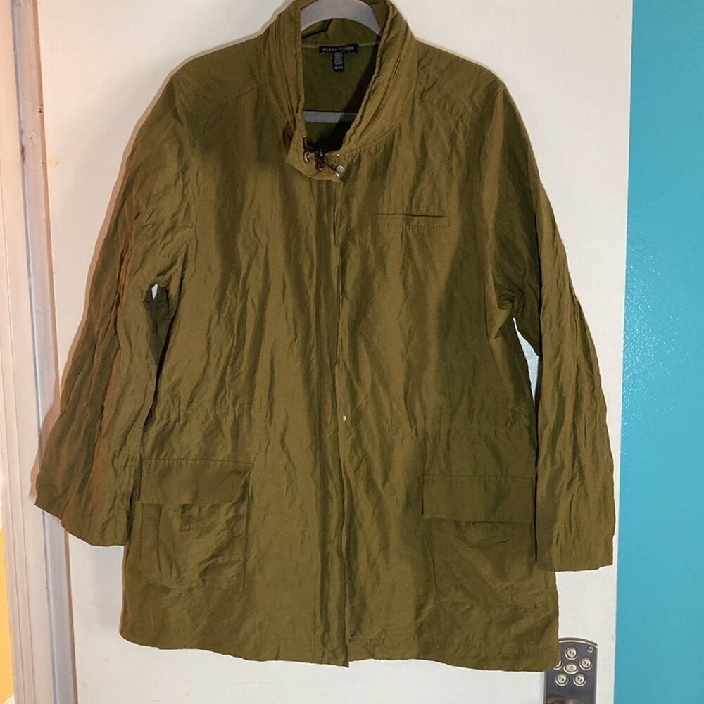 Eileen Fisher Size XL Hooded Lightweight Jacket Olive Organic Cotton Crinkle